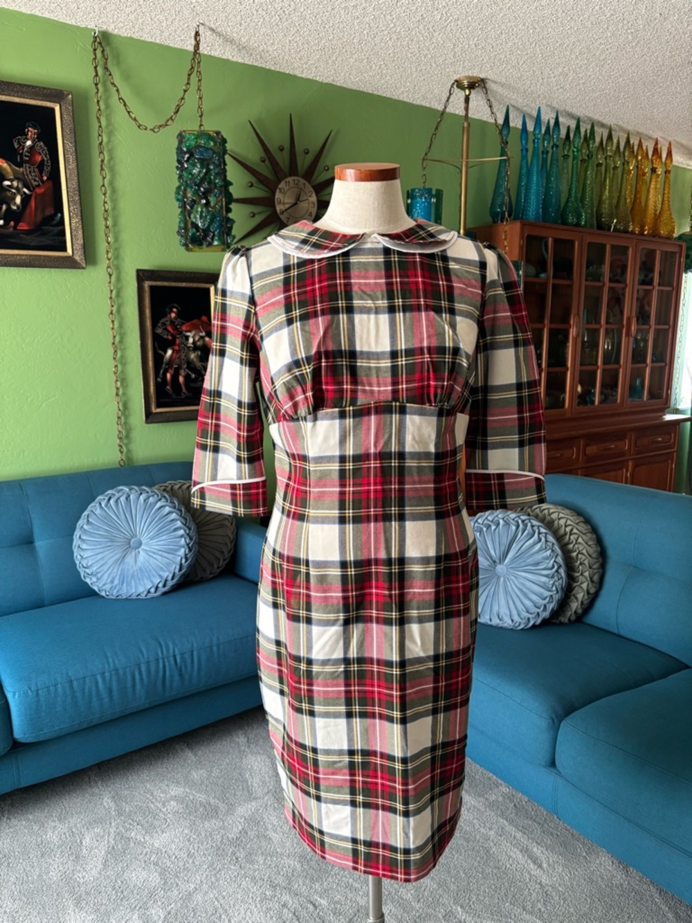 Hell Bunny Red and Cream Plaid Midi Dress with Peter Pan Collar